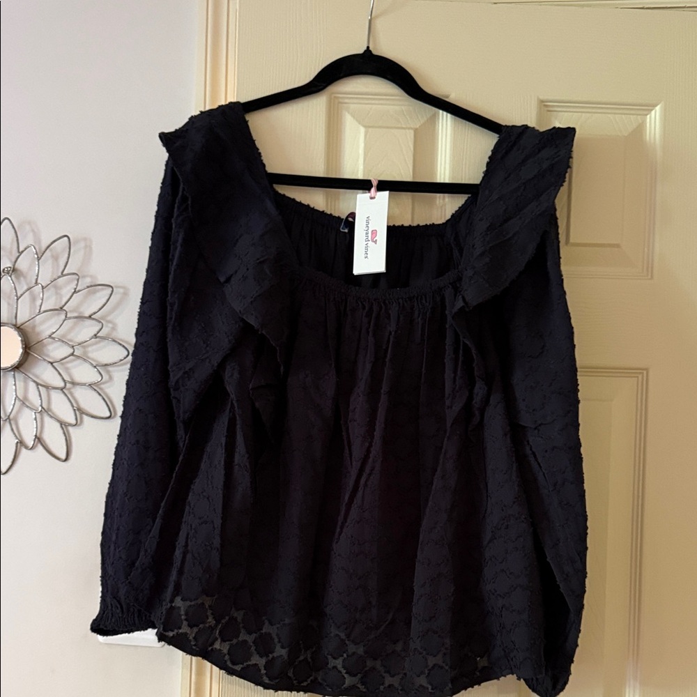 Navy Lace Ruffle Cotton Blouse, size L